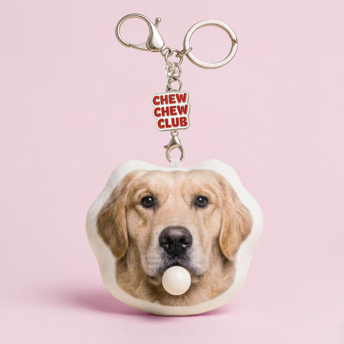 Custom Golden Retriever dog head plush keychain made from a pet photo with bubble-blowing feature and enamel charm