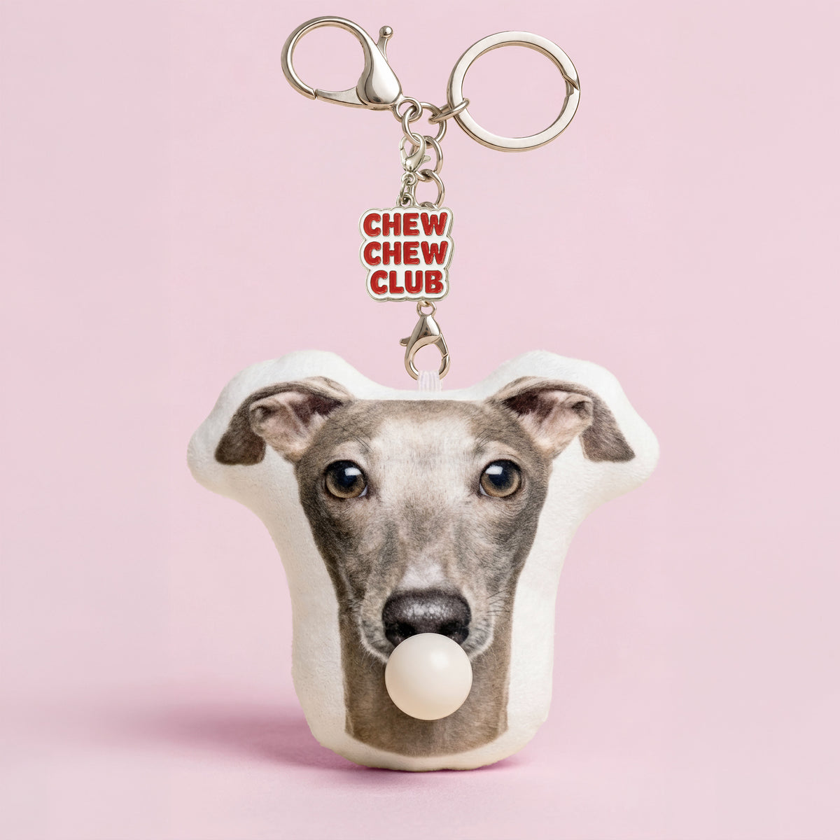 Custom Italian Greyhound plush keychain from a pet photo with bubble-blowing feature and Chew Chew Club enamel charm