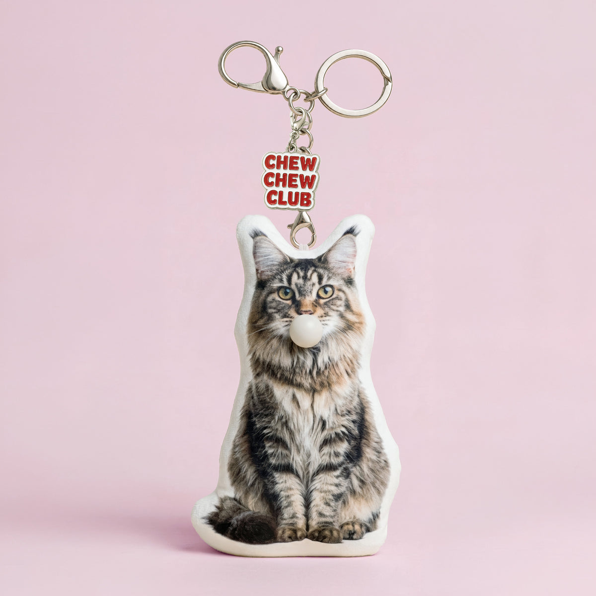 Custom Maine Coon cat plush keychain made from a pet photo with bubble-blowing feature and enamel bag charm