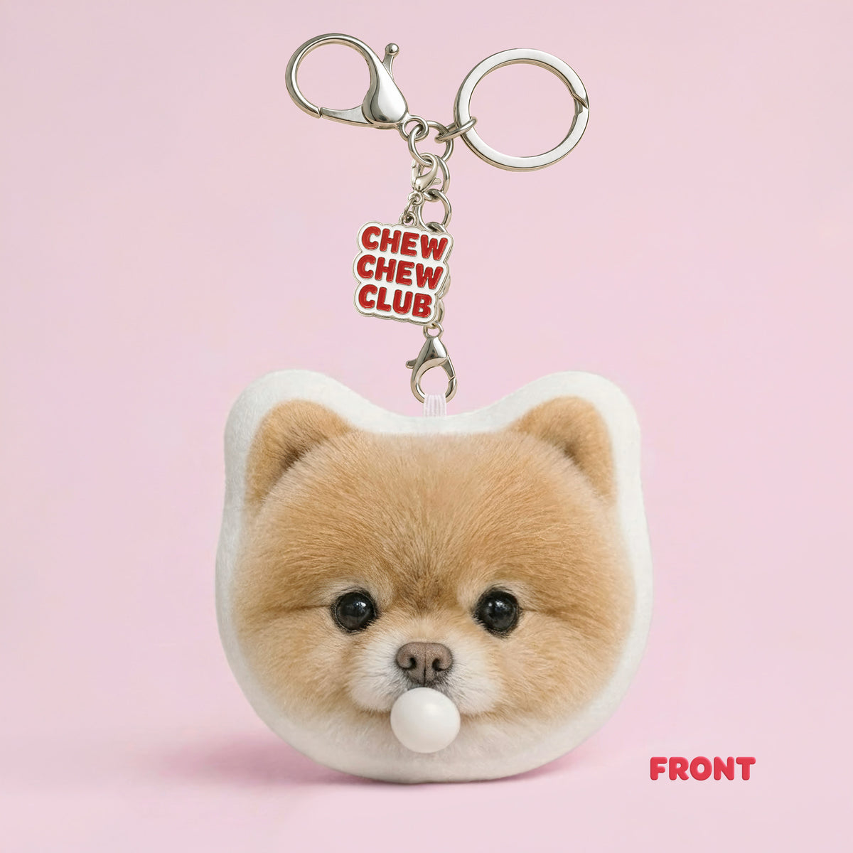 Front of custom Pomeranian dog plush keychain from a pet photo with bubble-blowing feature and Chew Chew Club charm
