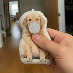 Golden retriever Chew Chew Club custom plush keychain with bubble detail held in hand indoors