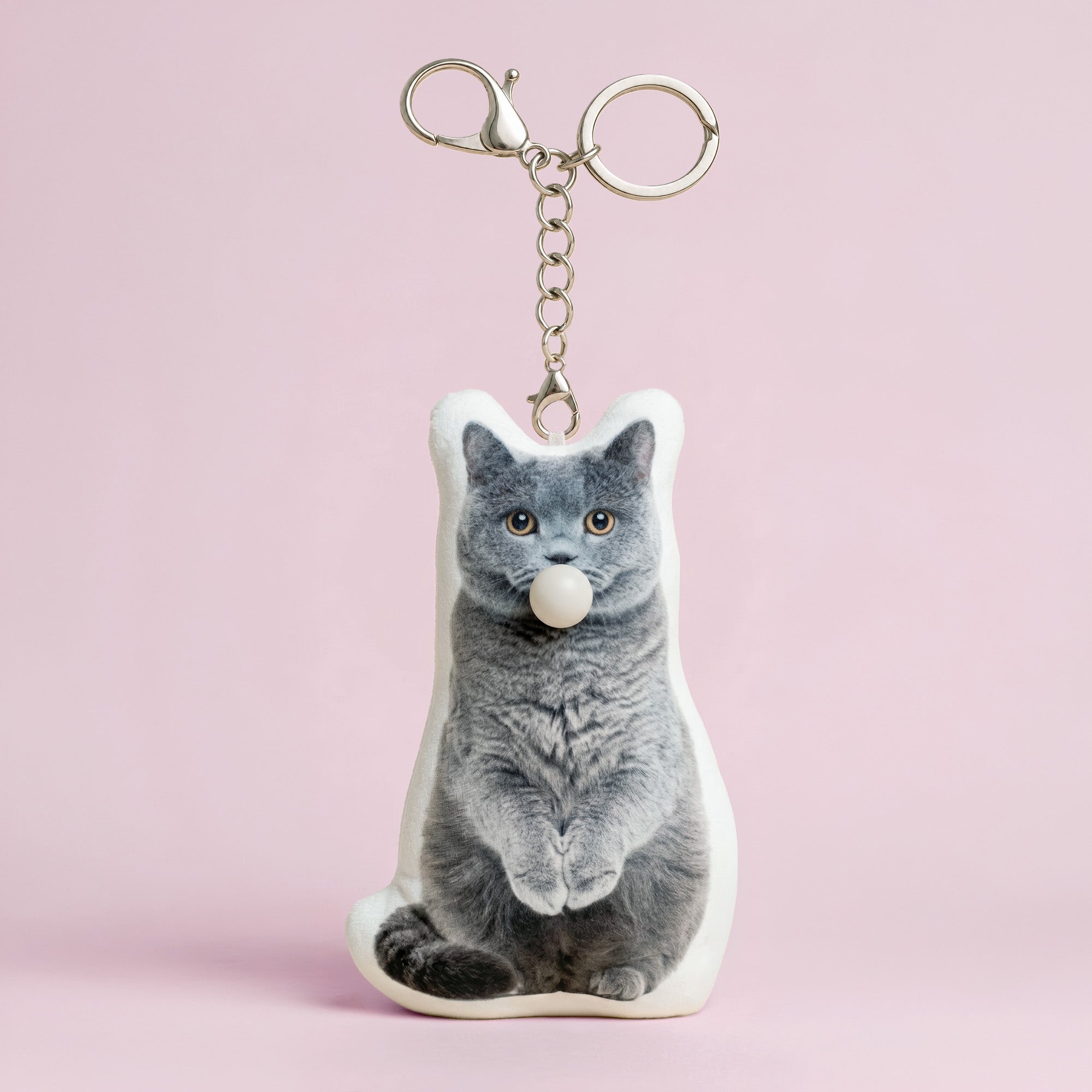 Cute custom British Shorthair cat full body plush keychain front view with bubble-blowing feature
