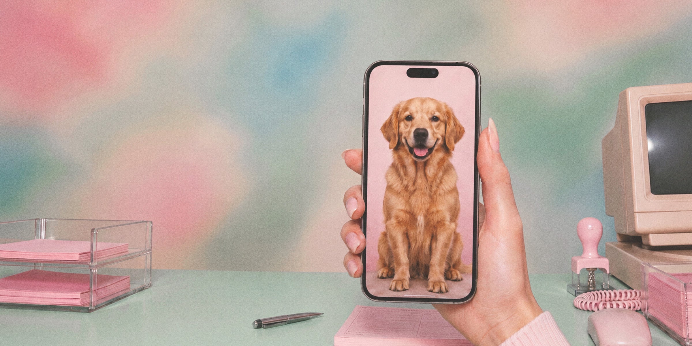 Hand holding smartphone with golden retriever pet photo used to create a custom plush keychain design in pastel workspace