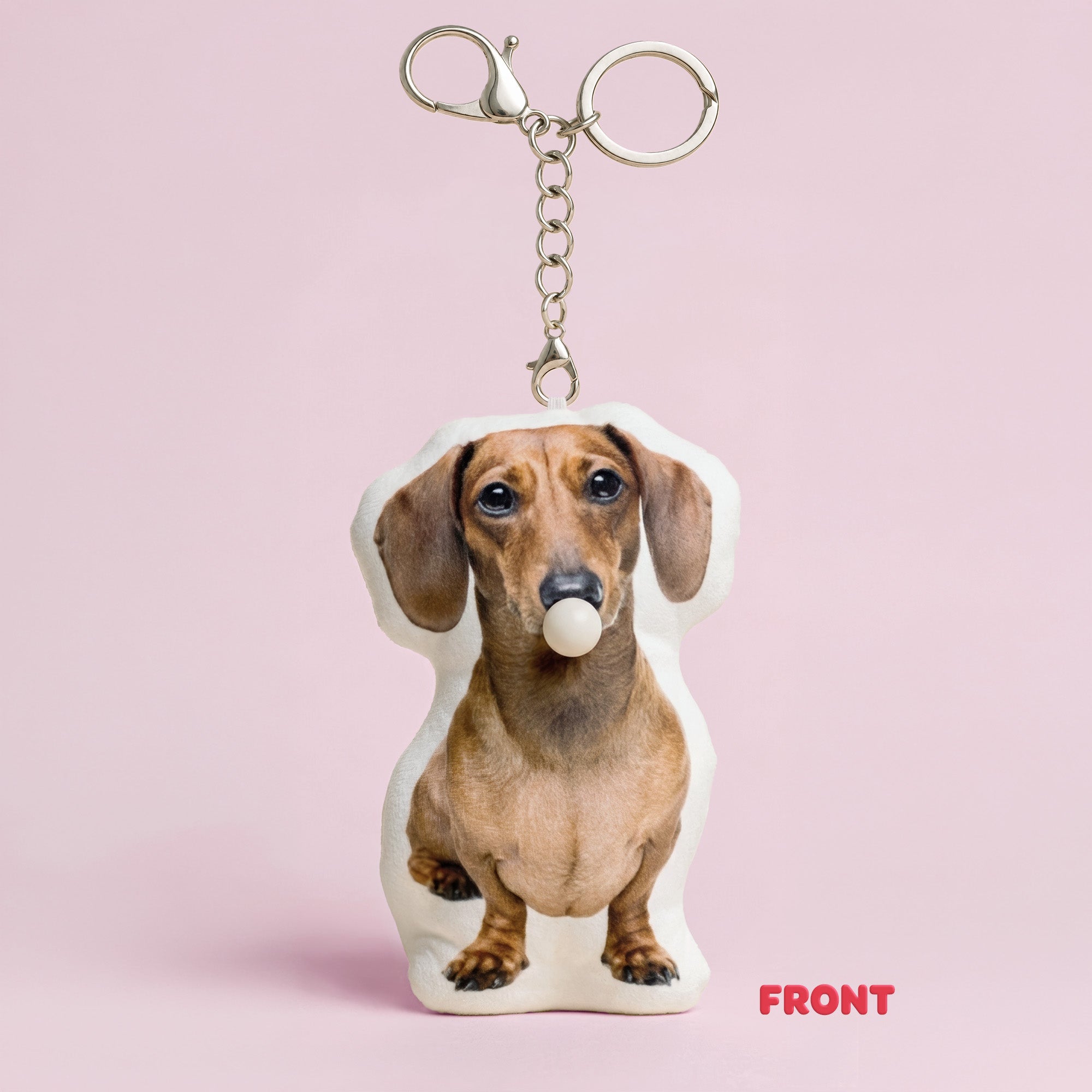 Cute custom dachshund dog full body plush keychain front view with bubble-blowing feature