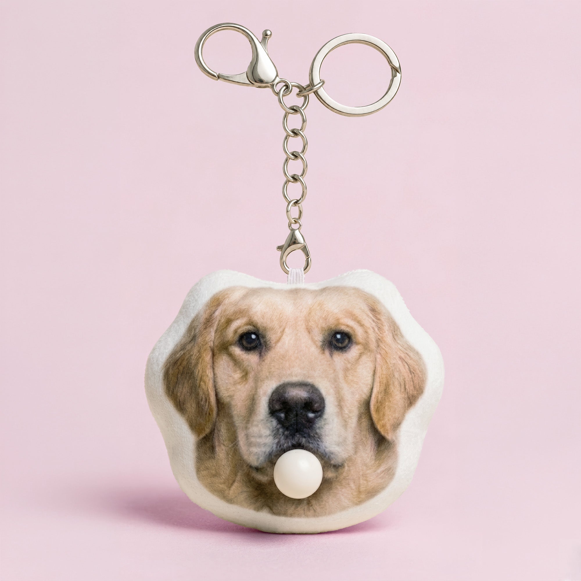 Custom golden retriever dog plush keychain front view with bubble in mouth