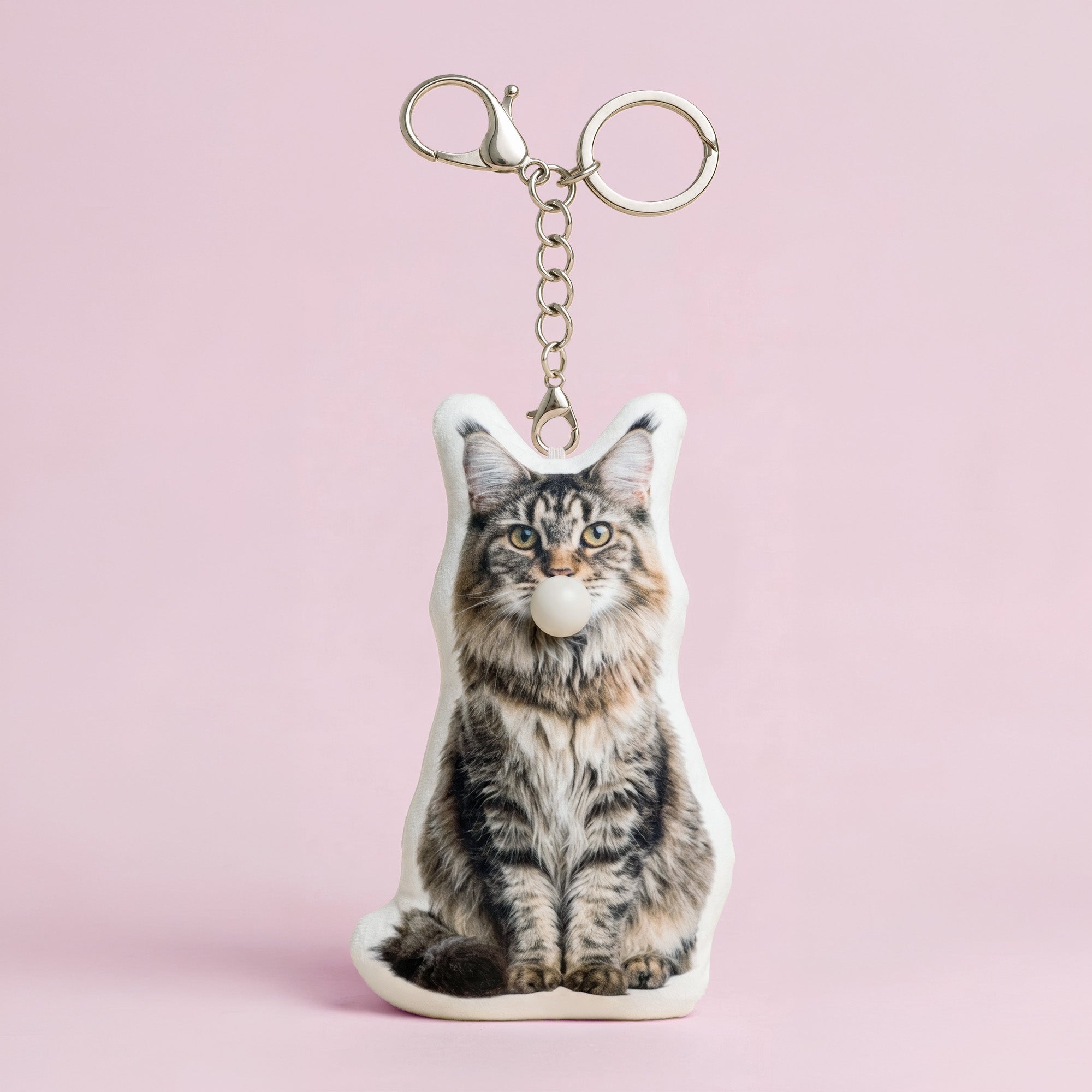 Cute custom Maine Coon cat full body plush keychain front view with bubble-blowing feature