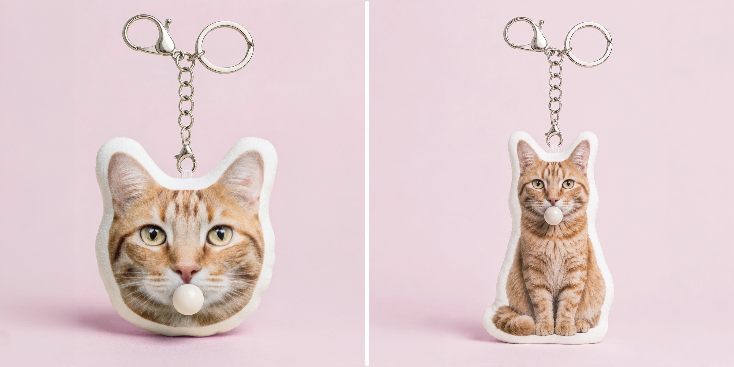 Comparison of custom orange tabby cat plush keychains showing headshot and full body styles with bubble-blowing feature front view