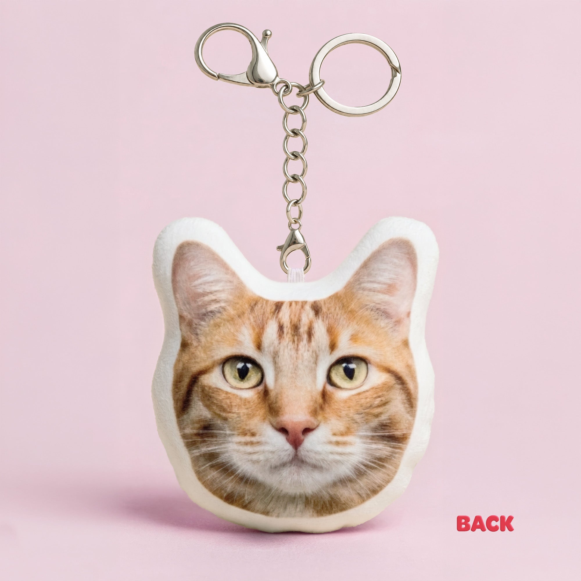 Cute custom orange tabby cat headshot plush keychain back view without bubble-blowing feature