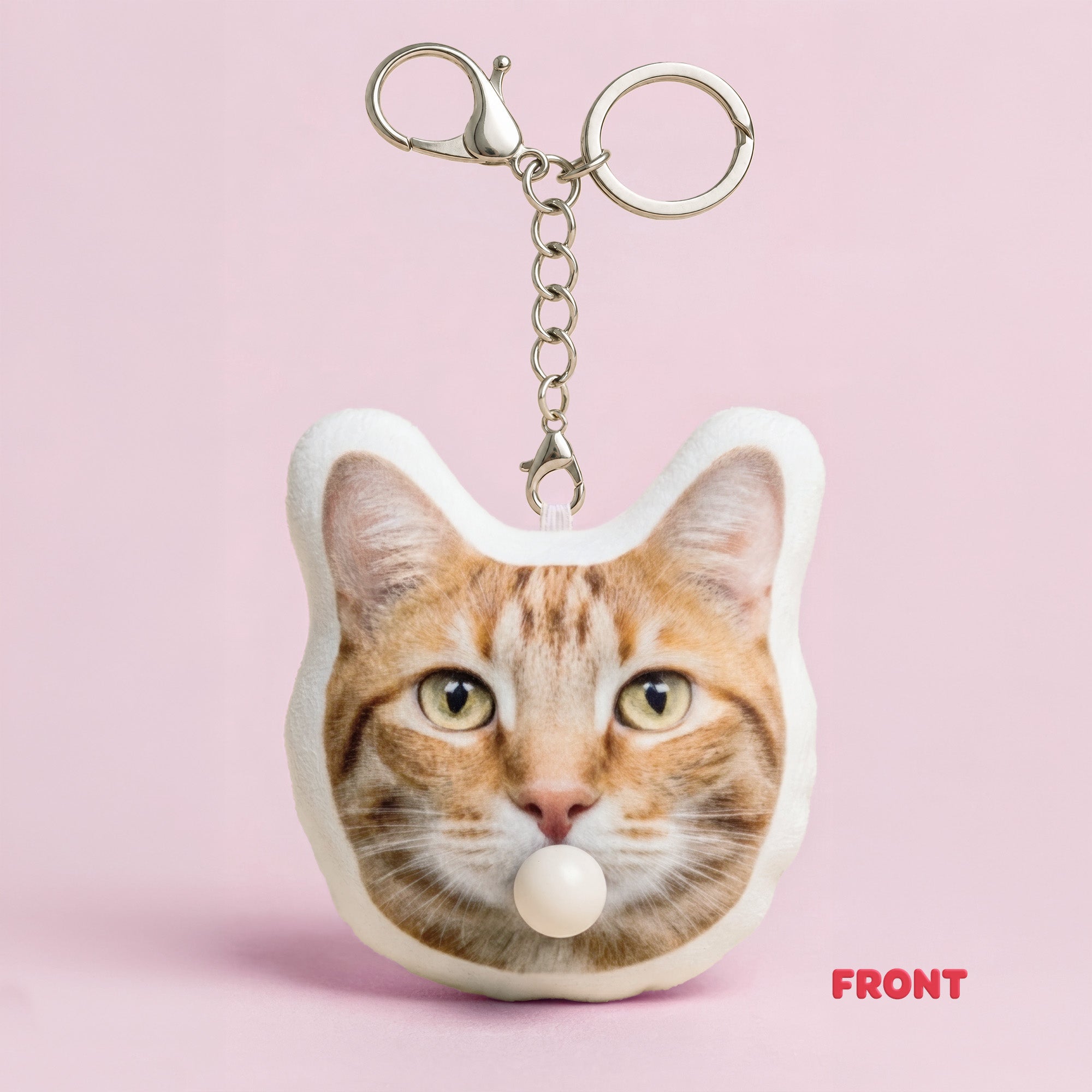 Cute custom orange tabby cat headshot plush keychain front view with bubble-blowing feature
