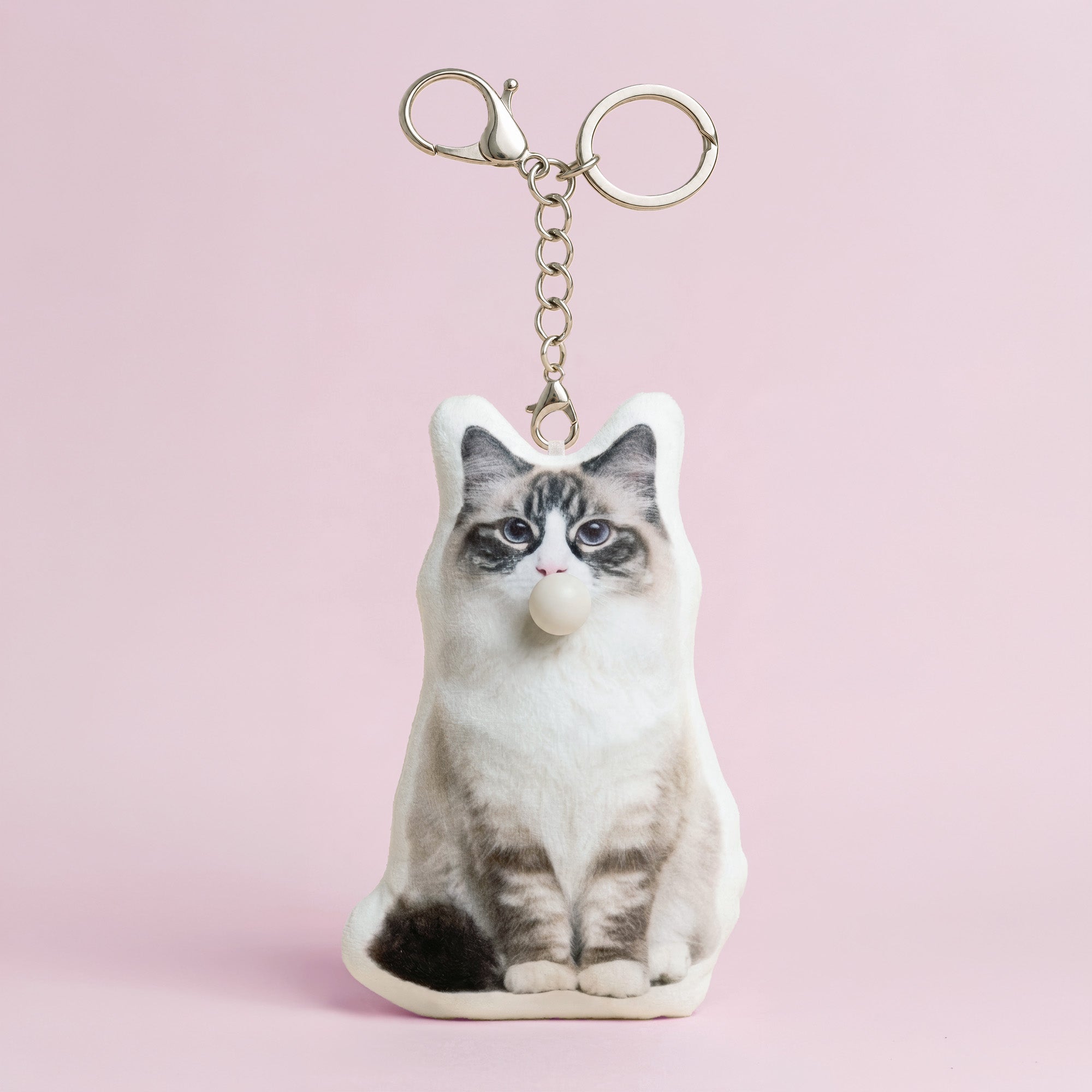 Custom ragdoll cat full body plush keychain front view with bubble in mouth
