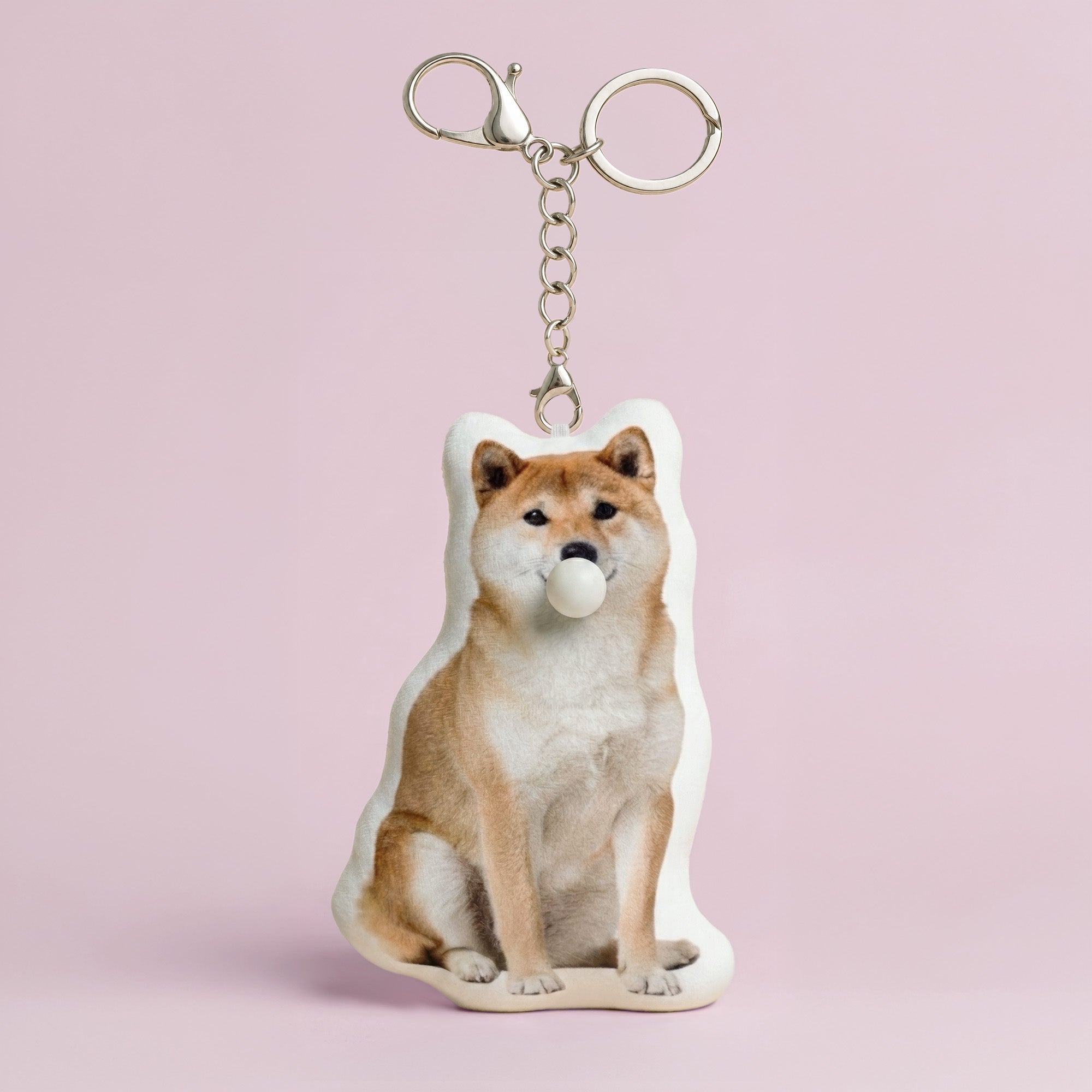 Cute custom Shiba Inu dog full body plush keychain front view with bubble-blowing feature