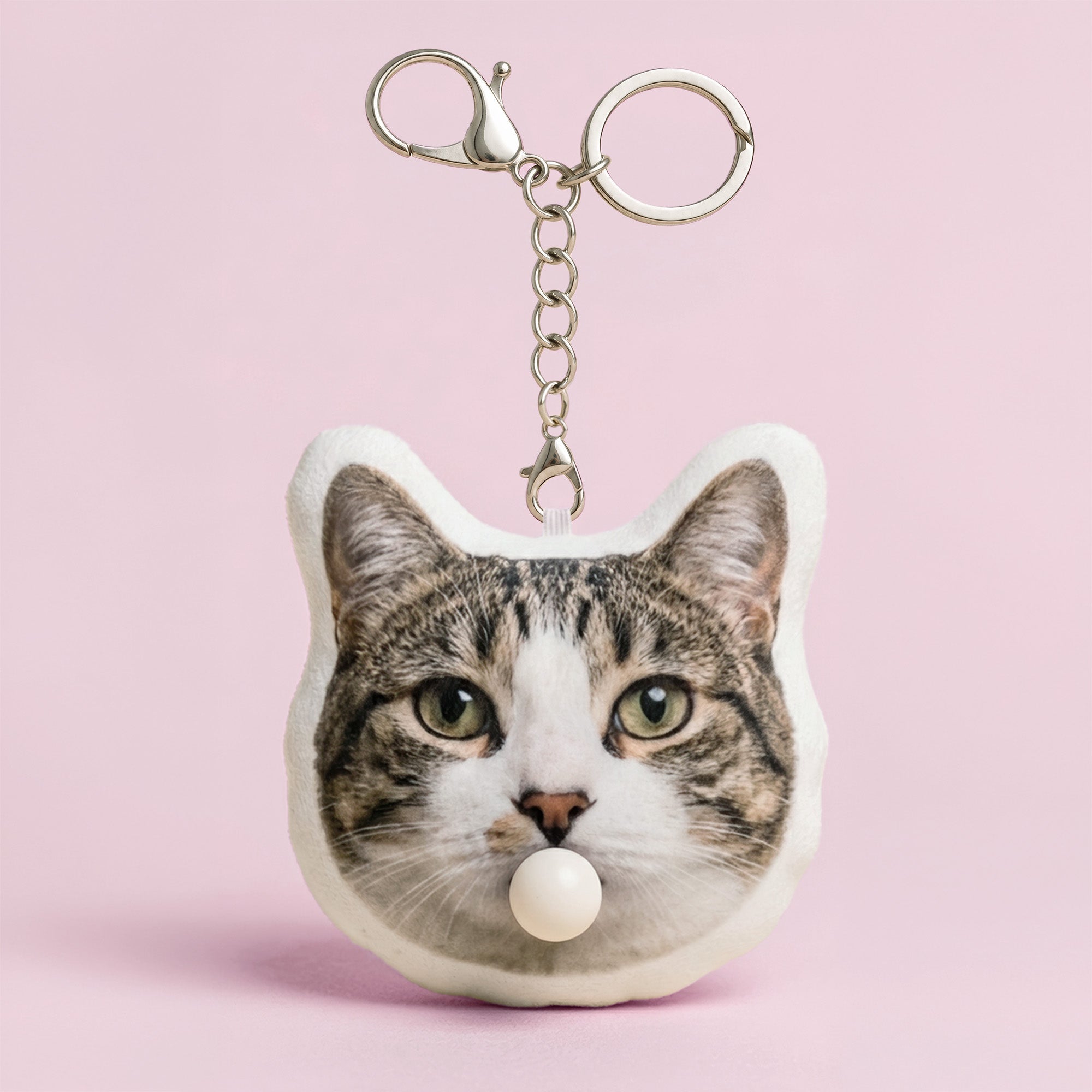 Cute custom tabby cat headshot plush keychain front view with bubble-blowing feature
